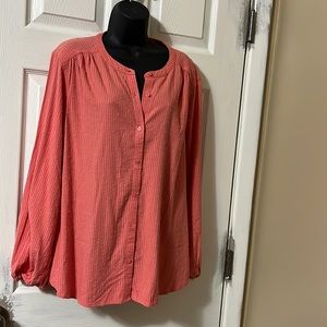 Coral button up round neck blouse